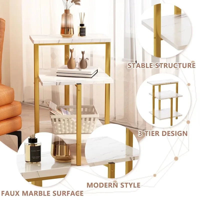 Modern 3 Tier End Table with Marble Tabletop