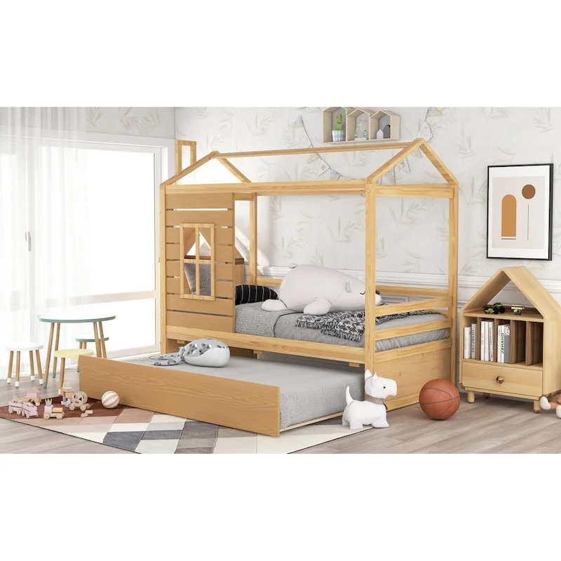 Twin Pine House Bed with Trundle, Guardrail, and Window