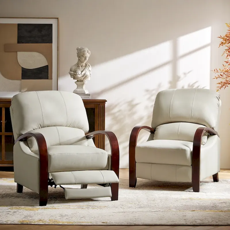Alex Mid-century Modern Cigar Genuine Leather Manual Recliner with Wooden Curved Arms, Set of 2