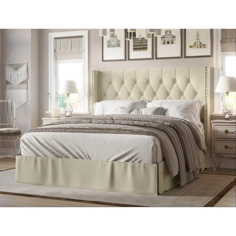 Tufted Upholstered Panel Bed, Wingback Headboard, Nailhead Trim, Seats 2, Grey/Black/Beige/Denim Blue, Twin/Full/Queen/King