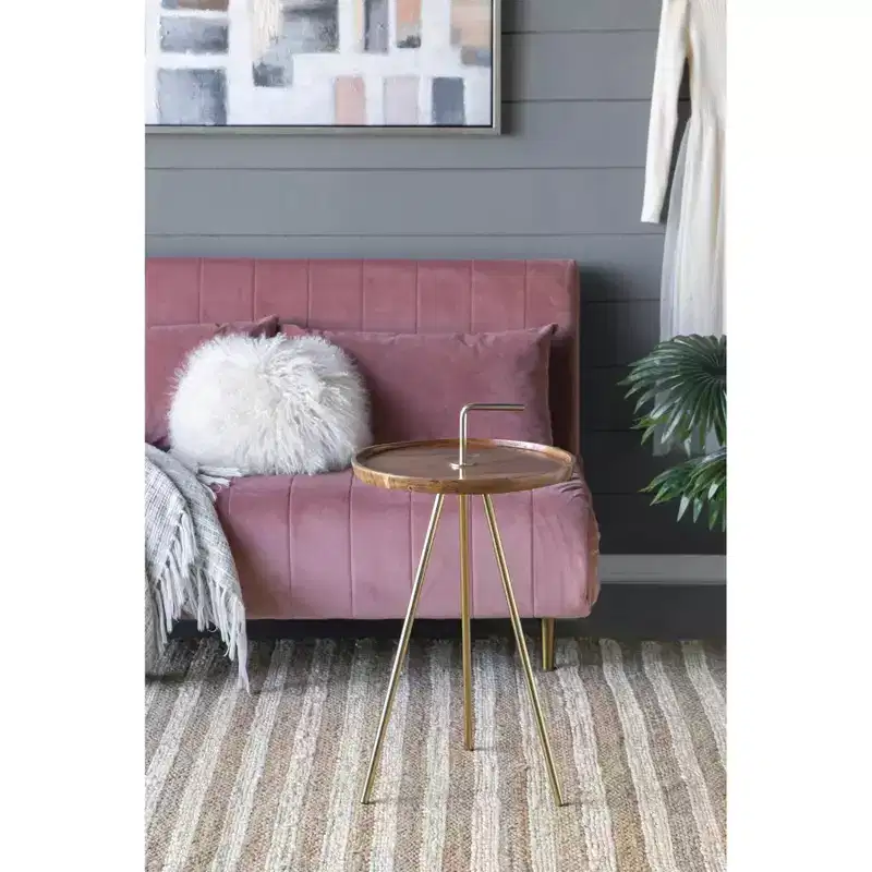 Acacia Wood Side Table with Tripod Steel Legs Brown Gold 16x23.5