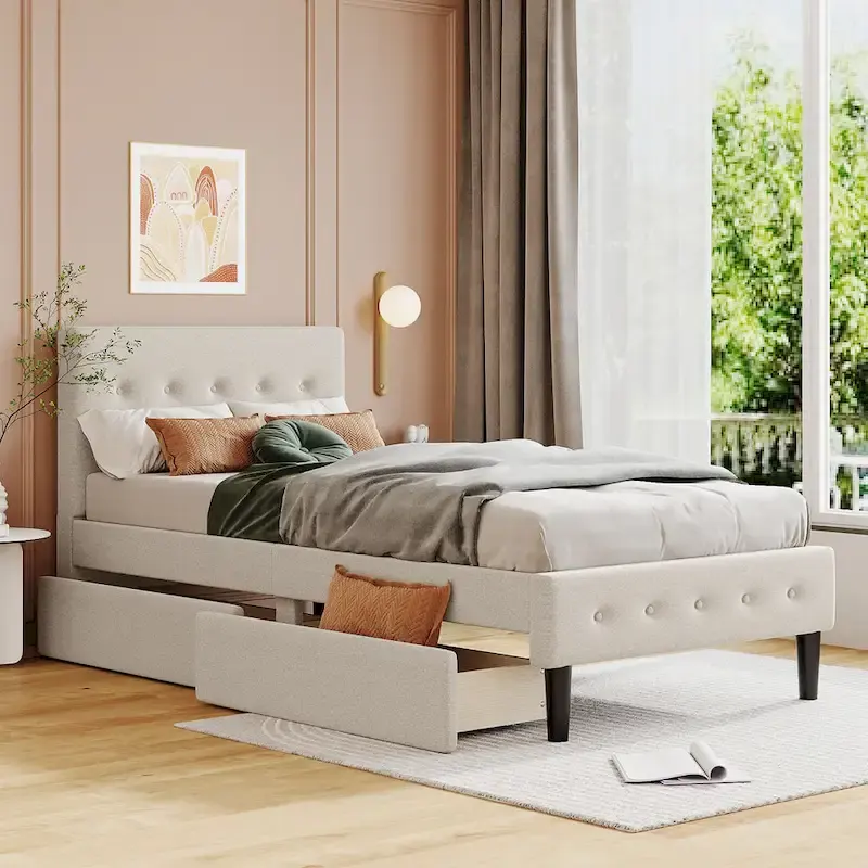 Twin Size Tufted Linen Upholstered Platform Bed with 2 Drawers