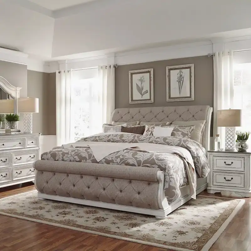 Magnolia Manor Antique White & Weathered Bark Upholstered Sleigh Bed, Dresser and Mirror, and Nightstand Set
