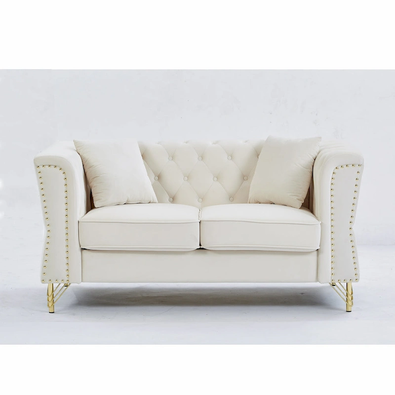 Beige 60.2 Velvet 2 Seater Sofa Couch with Metal Feet, 2 Pillows, Nailhead Trim, Solid Wood Frame and Foam Padding