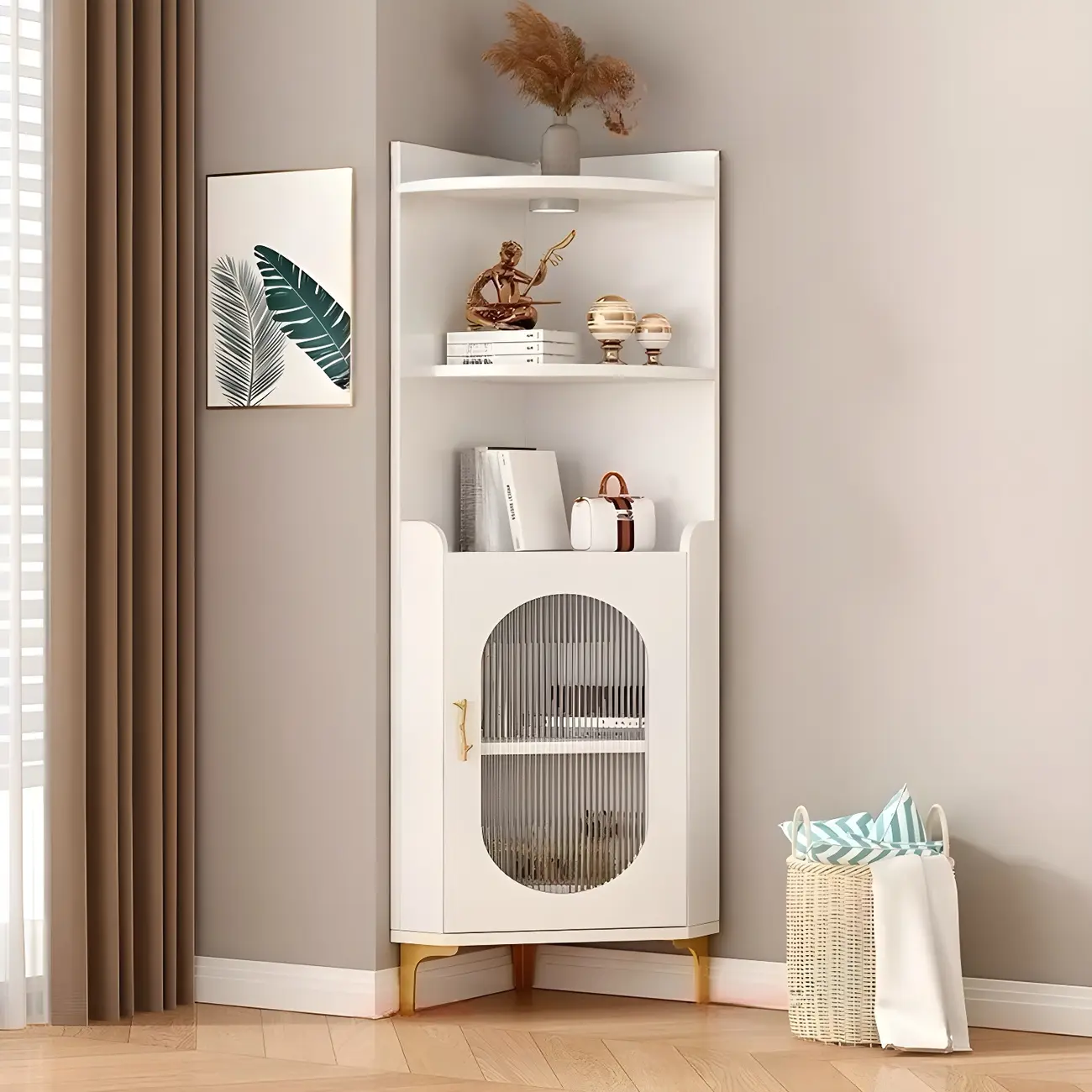 Modern White Rounded Wood Metal Leg Storage Corner Cabinet