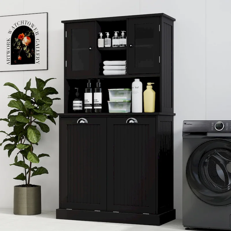 Two-Compartment Tilt-Out Dirty Laundry Basket Tall Bathroom Cabinet