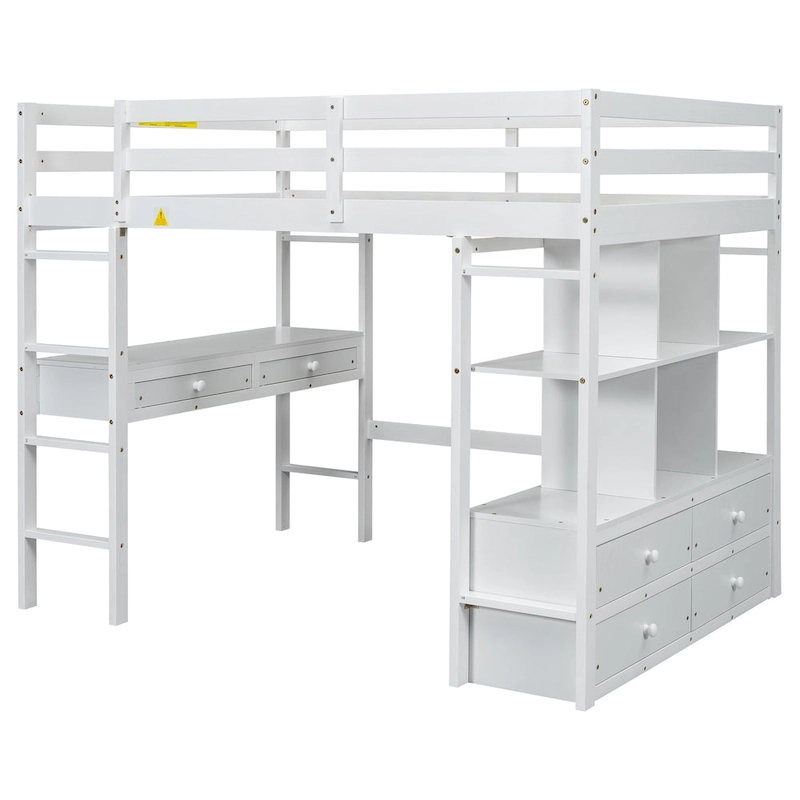 Full Size Loft Bed with Built-in Desk with Two Drawers, and Storage Shelves and Drawers