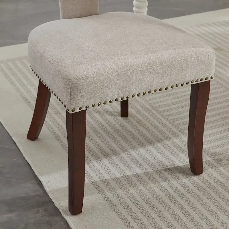 Modern Dining Chairs Set of 2, Linen Fabric Upholstered Accent Chair Curved Backrest Kitchen Chairs with Rubberwood Frame