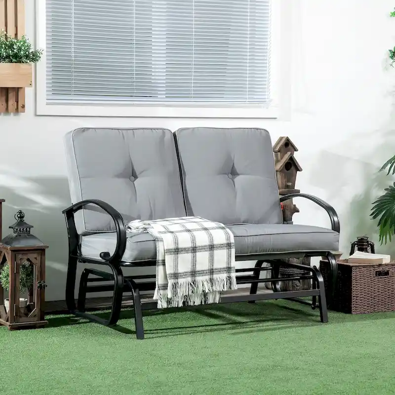 Outsunny Outdoor Glider Bench, 2-Person Patio Rocker Loveseat with Tufted Cushions, Steel Frame for Porch, Garden Backyard, Gray