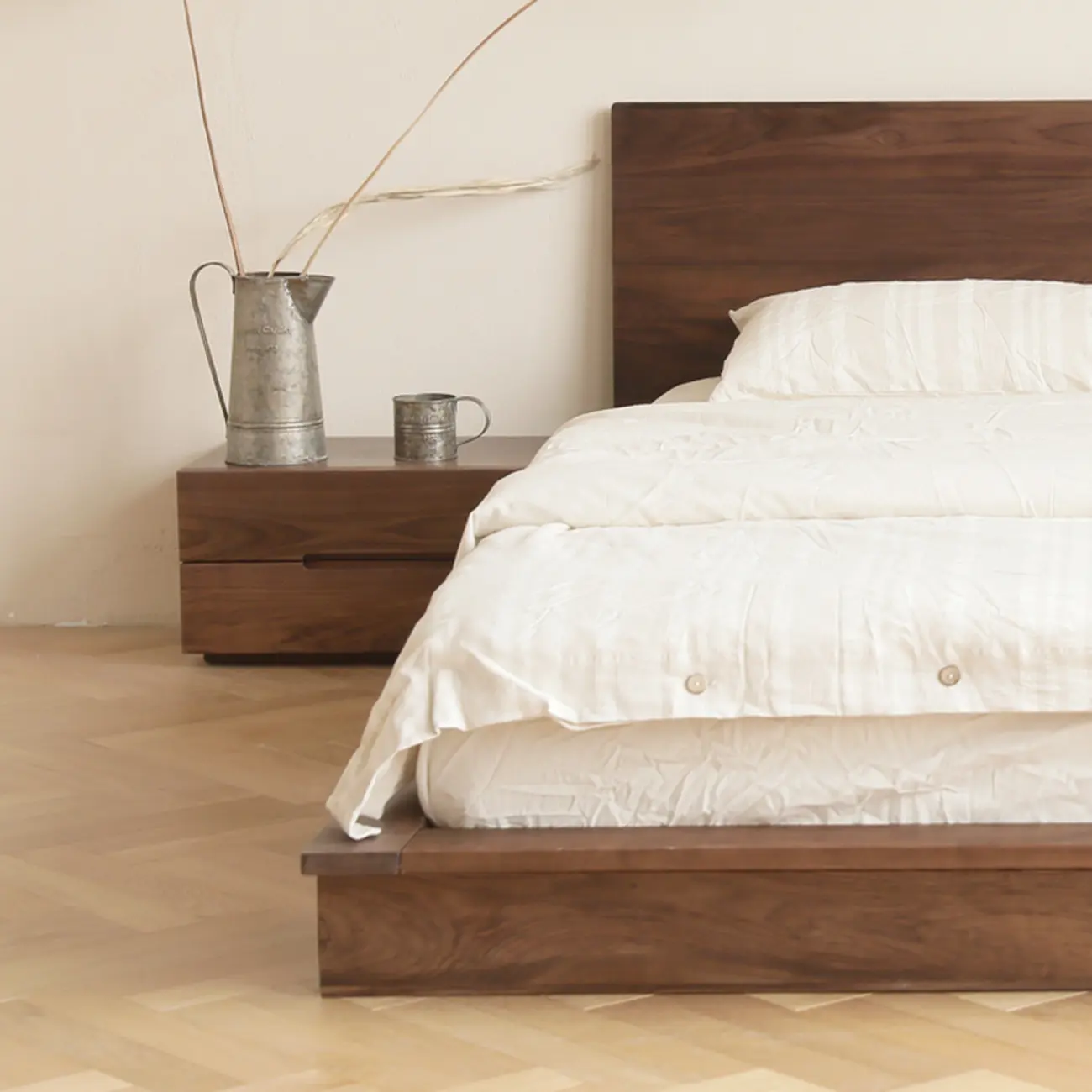 Scandinavian Brown Wood Bedside Table with 2 Drawer