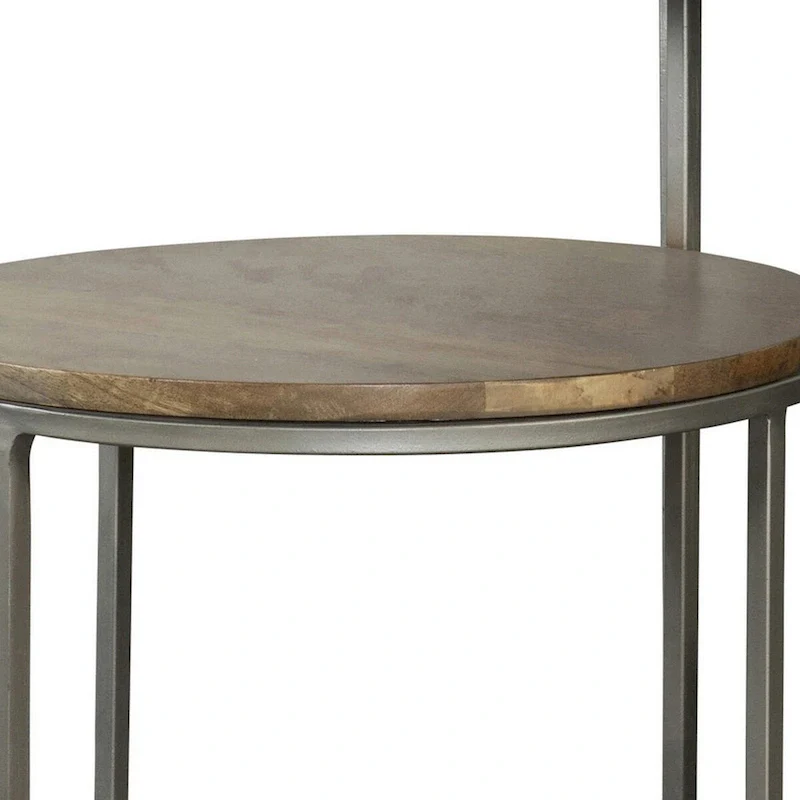 29 Inch Modern Round Accent Table, 2 Tier Brown Wood Tops, Gray Metal Base