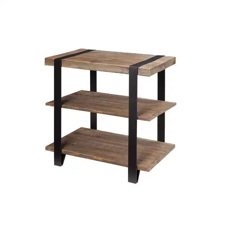 27" Modesto Wide 2 Shelf End Table with Metal Strap, Wood - Alaterre Furniture: Rustic Industrial Design, Black Frame