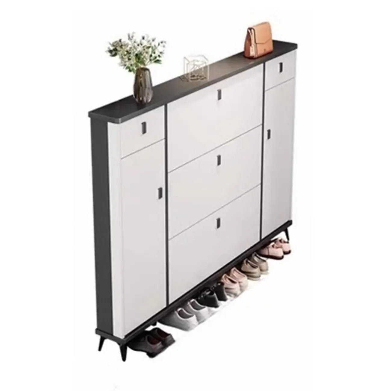 Narrow Black-White Solid Wood Drop Front Shoe Cabinet