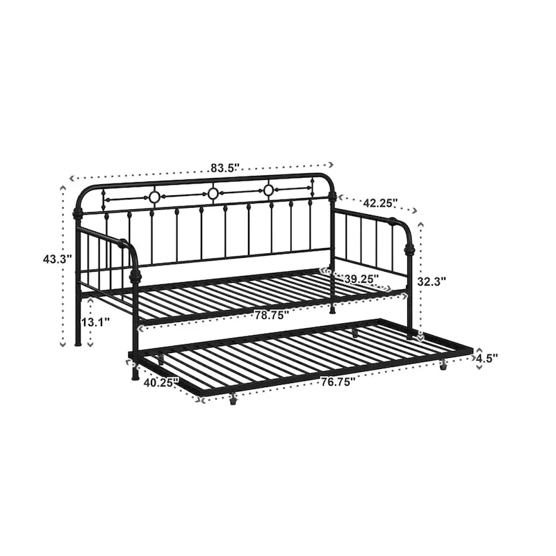 Antique Dark Bronze Metal Daybed with Trundle, Classic Style Twin Guest Bed