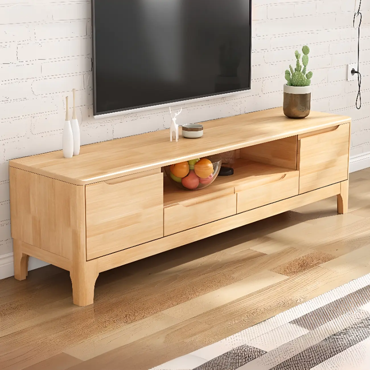 Durable Natural Wooden TV Stand with Cable Management
