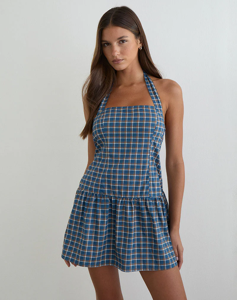 Panja Mini Halter Neck Dress in Medium Tartan Blue
