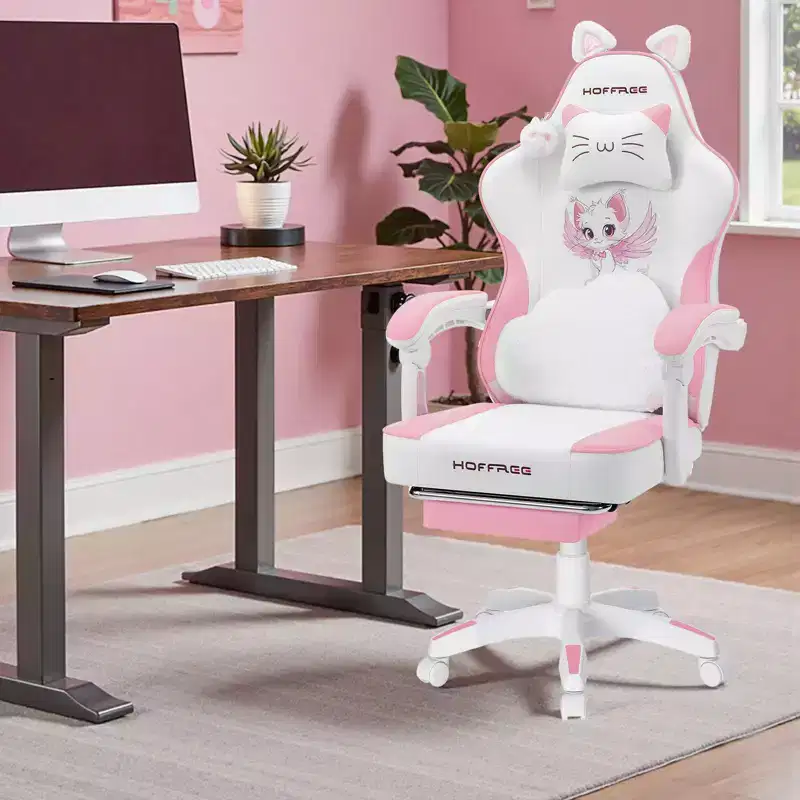 Hoffree Cute Pink Gaming Chair Girls Ergonomic Desk Chair with Footrest & Massage Lumbar