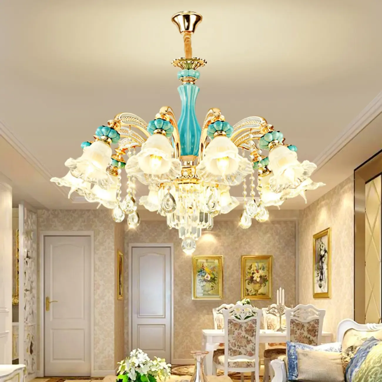 Living Room Down Light Crystal Chandelier with Flower Glass Shape