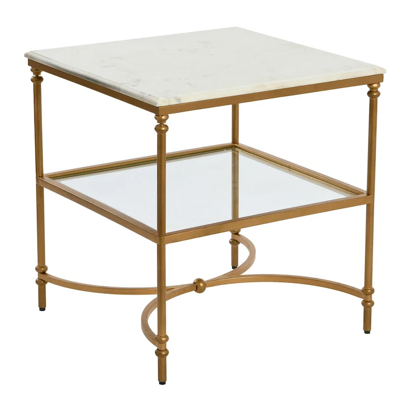 Square Marble Top End Table, Gold/Black & White, Iron Legs, Glass Shelf