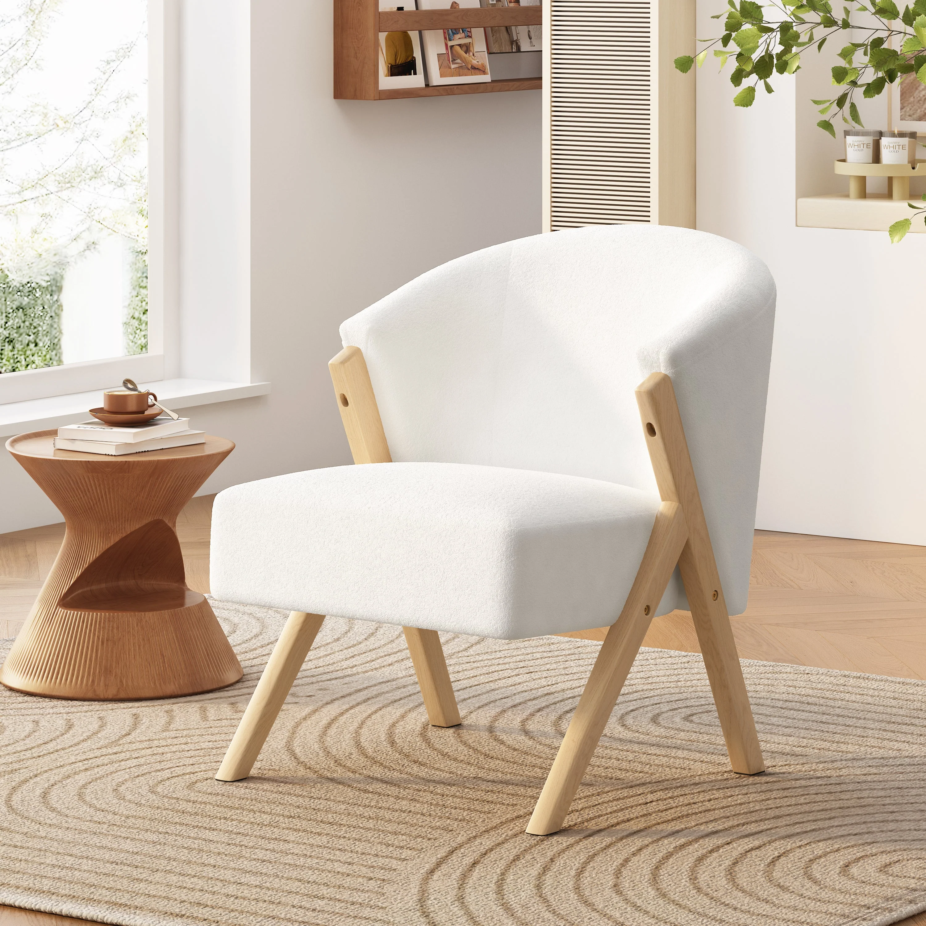 Modern Upholstery Accent Chair with Solid Wood Frame, White