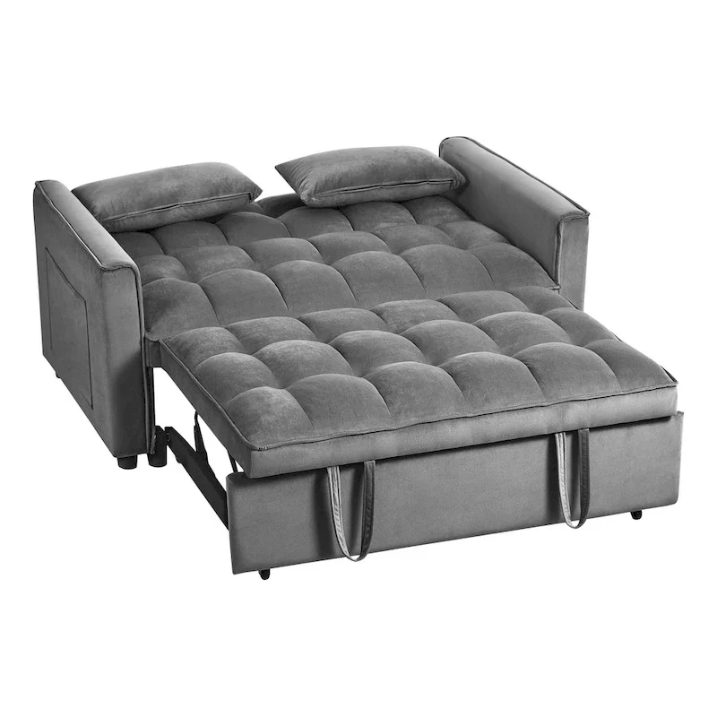 Modern Velvet Loveseat Futon Sofa Couch Pullout Bed, Small Love Seat Lounge Sofa w/Reclining Backrest, Toss Pillows, Pockets