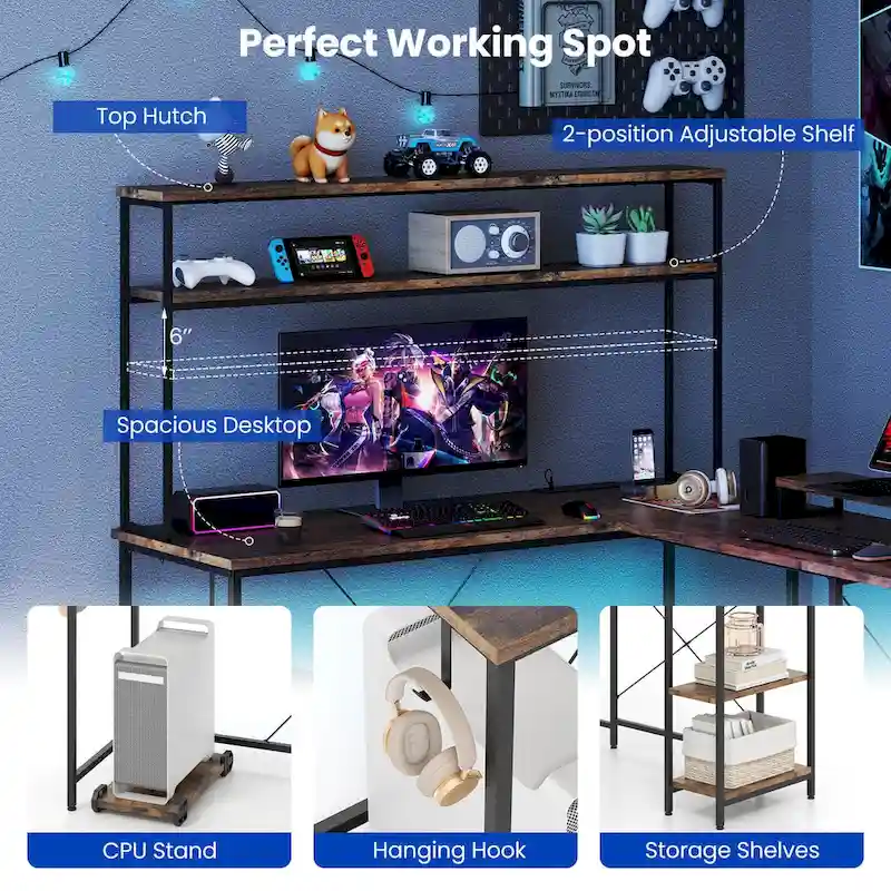 Costway L-Shaped Gaming Desk with LED Strip & Power Outlets Hutch - See Details