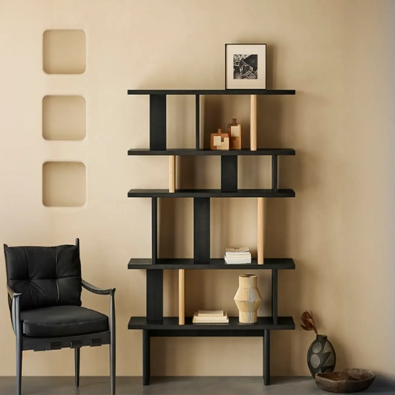 Modern Black Wood Etagere Bookshelves