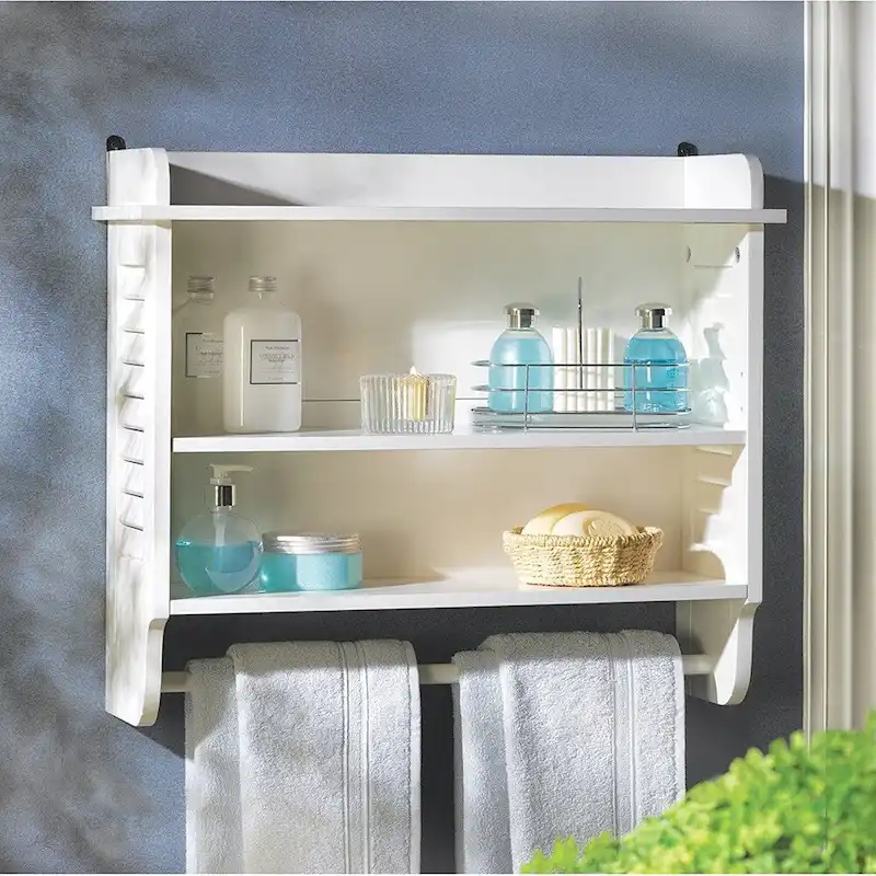 Wall-Mounted Wood Shelf with Towel Bar – White, 2-Tier, Single