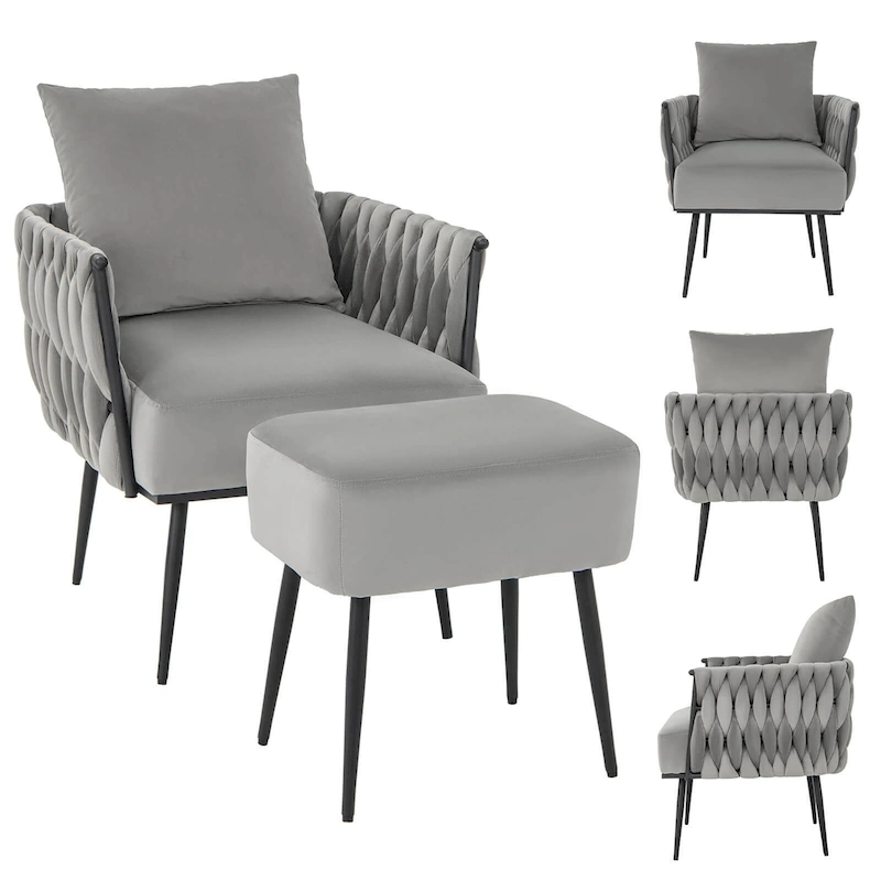 Gymax Modern Dutch Velvet Accent Chair & Ottoman Set Single Leisure