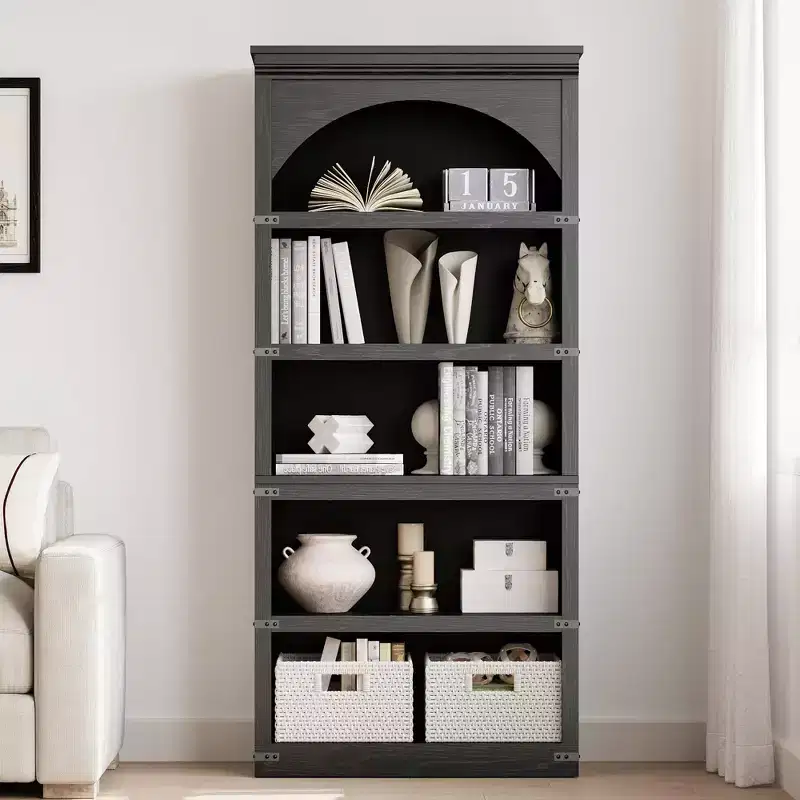 Tall Arched Bookshelf, 5-Tier Farmhouse Bookcase, Wood Grain, 40