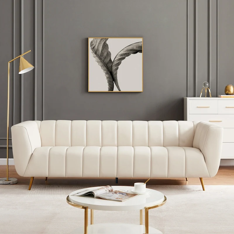 Clovis Mid-Century Modern Furniture Style Upholstered Leather Couch in Cream