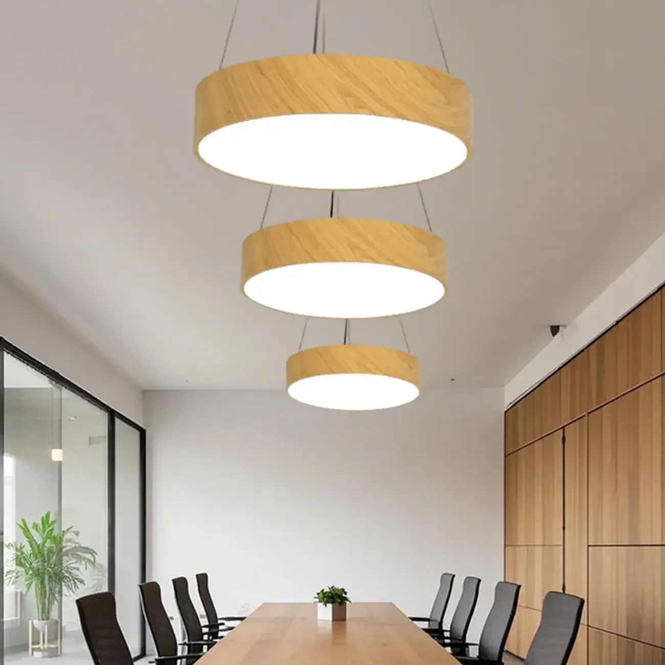 Modern Circular Wood LED Chandelier with Adjustable Height