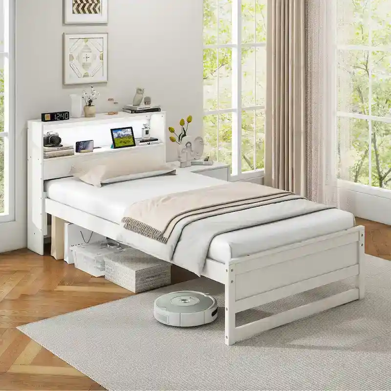 Single Wooden Bed Frame (with Charging Station and LED Lights)