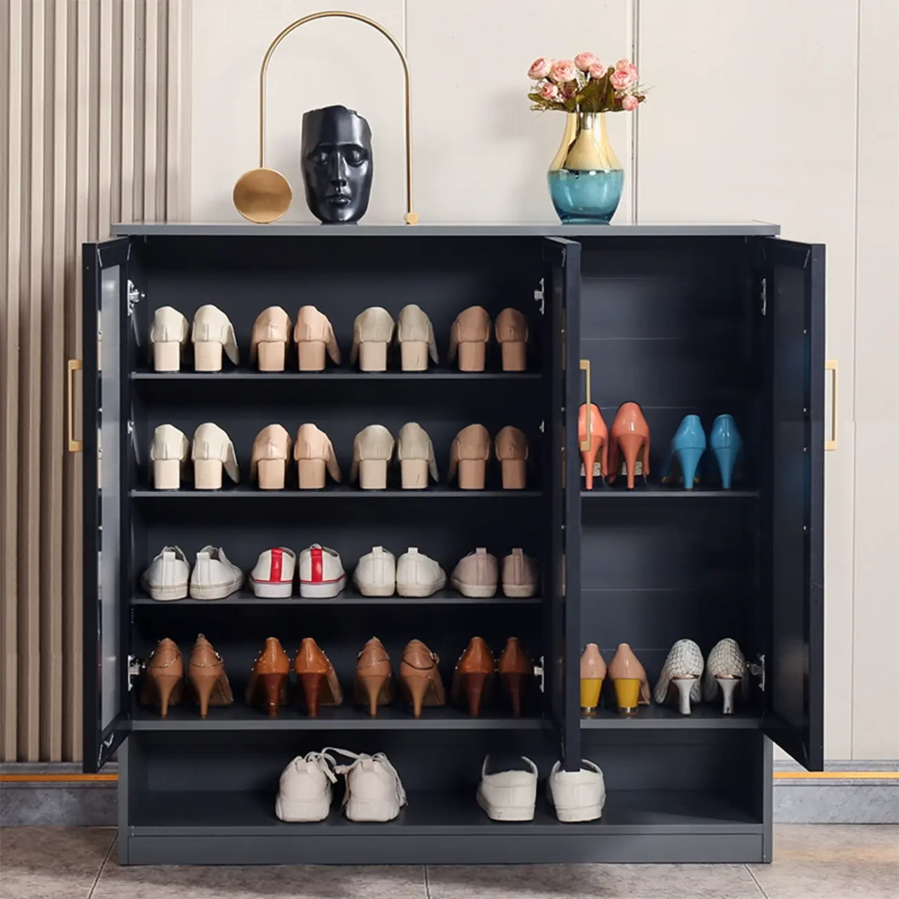 Metal Grey Shoe Cabinet with Open Bottom Shelf