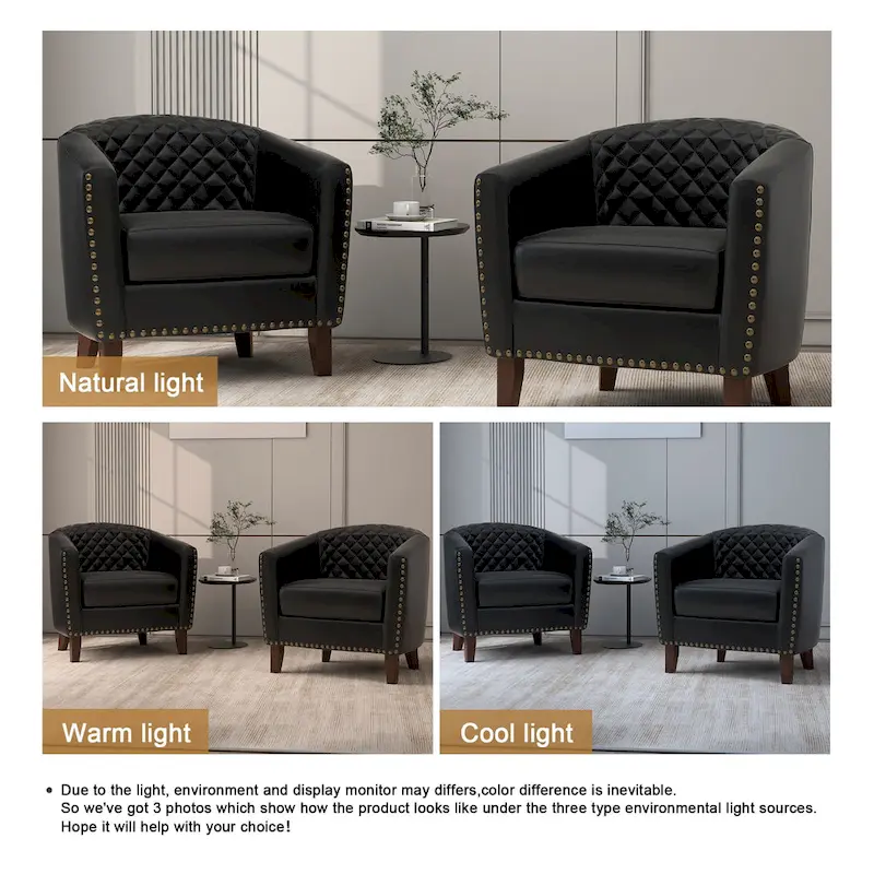 2 Set Vegan Leather Barrel Accent Chairs with Nailheads Trim