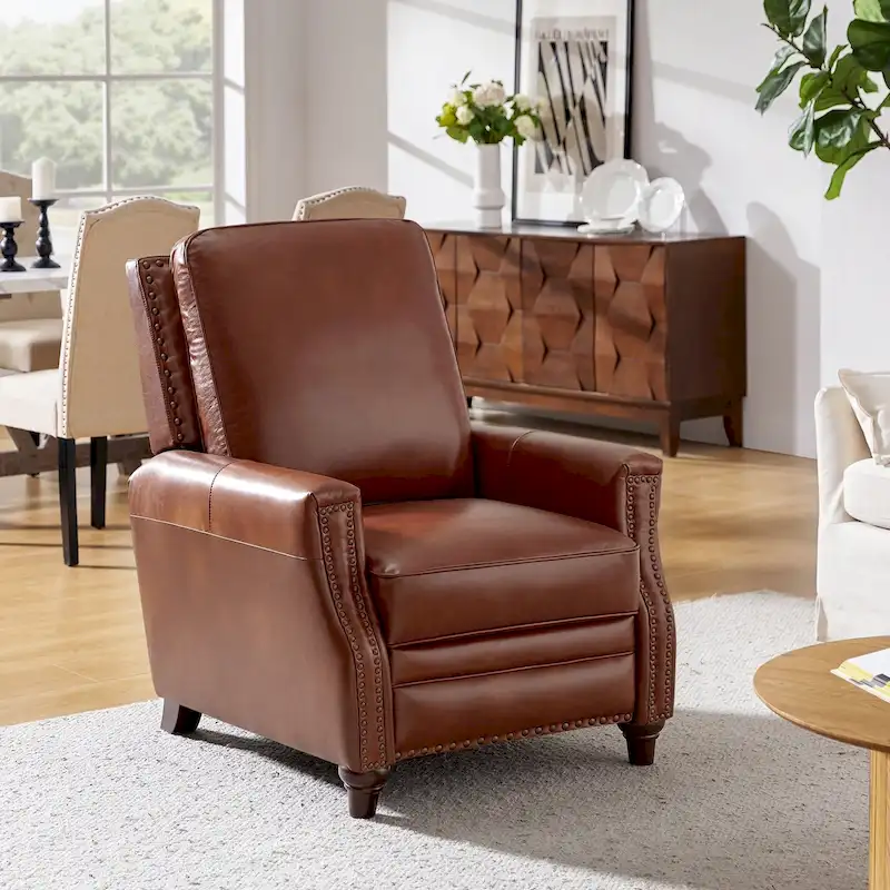 Cigar Mid-century Modern Genuine Leather Recliner with Nailhead Trim by HULALA HOME