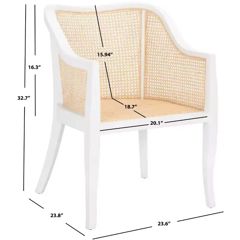 Cane Dining Arm Chair – Elm Wood Frame, Curved Back, White, 275 lb Capacity