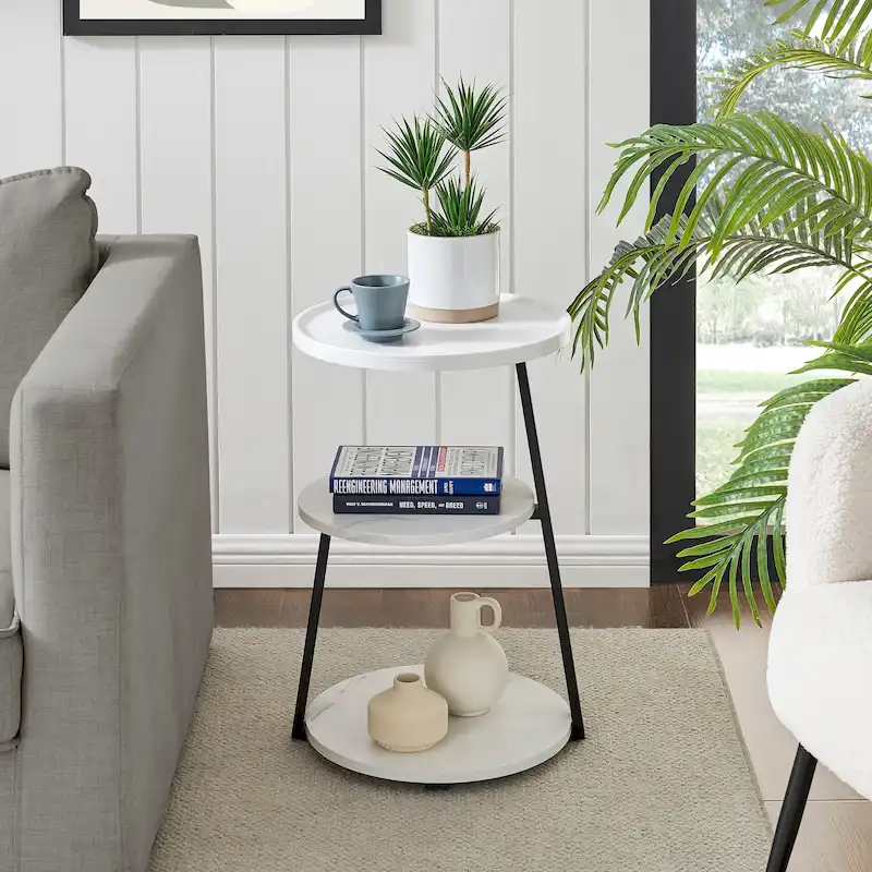 Skylar Round 3-Tier Side Accent Table with Raised Lip Edge Tabletop and Midcentury Modern Metal Asymmetric Pedestal Legs