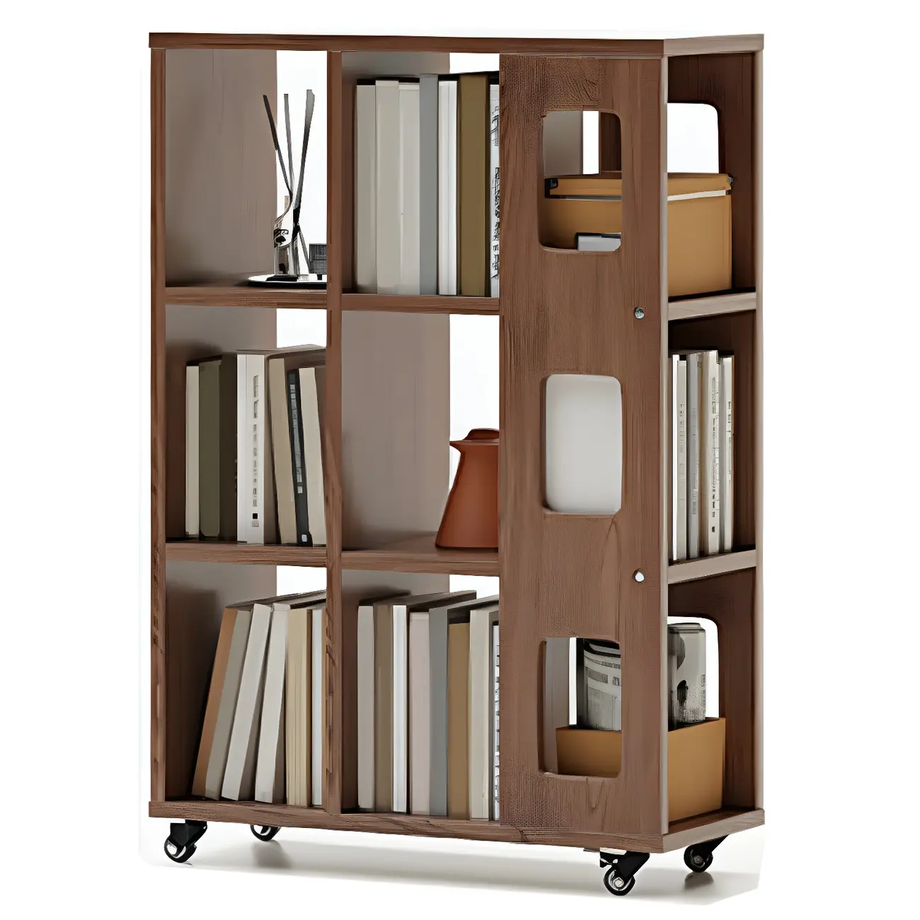 Mid-Century Nut-Brown Wood 5-Tier Bookcase on Wheels