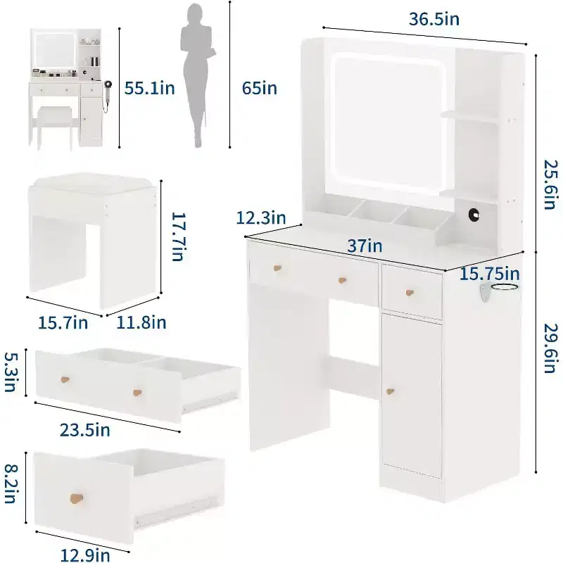 Makeup Vanity Table Set with Storage Drawers Shelves Cabinet& Chair,3 Lighting Modes & Adjustable Brightness,Dressing Table for Bedroom