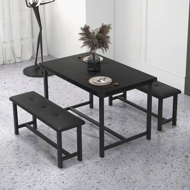 Rectangular Dining Table Set for 4 People with 2 Upholstered Benches