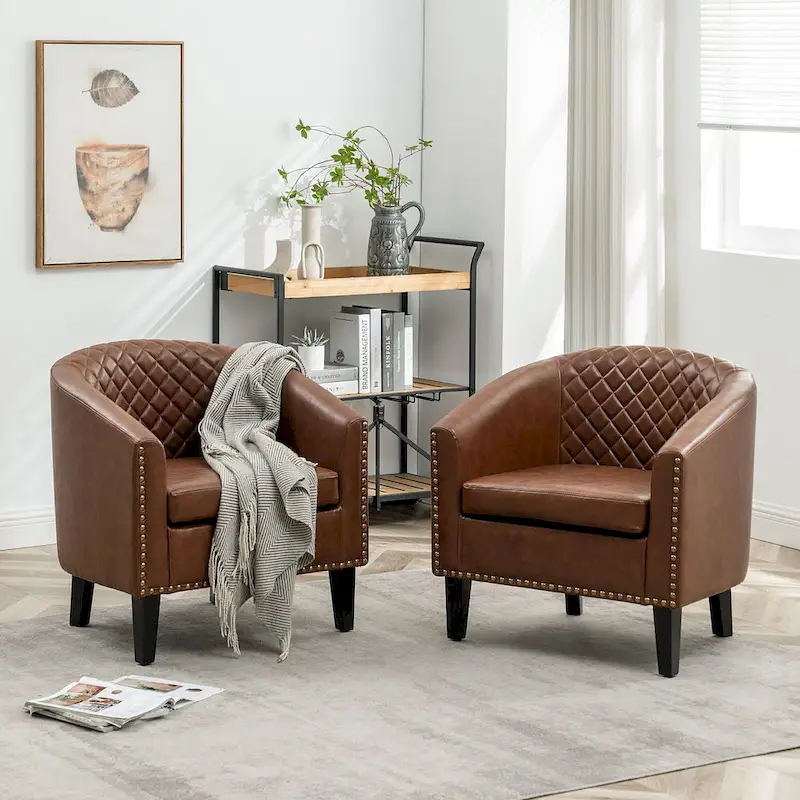 KINWELL 29 PU Faux Leather Club Armchair with Nailheads, Set of 2