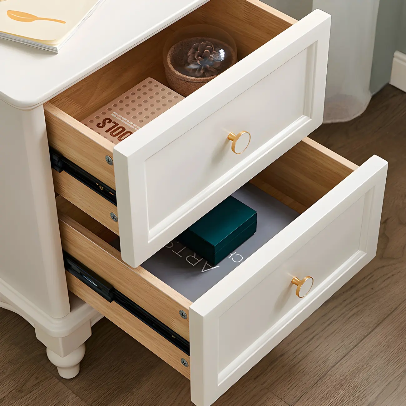 French 2-Layer White Wood Bedroom Nightstand