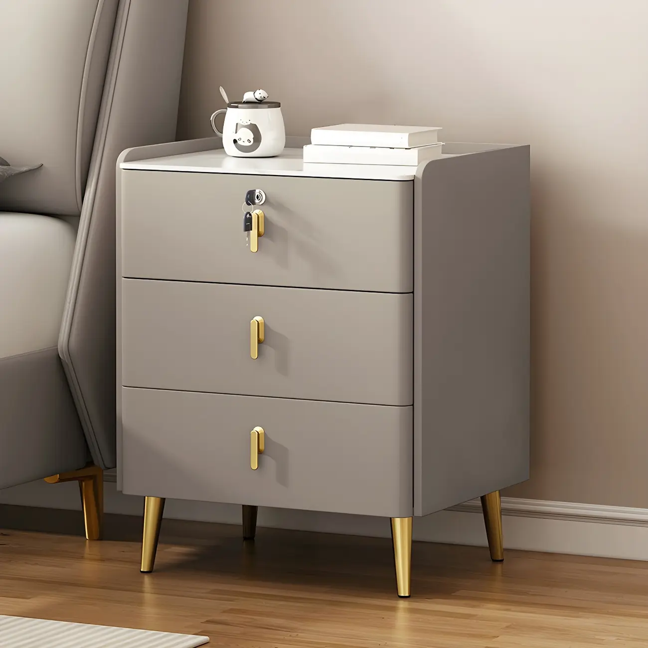 Modern Faux Leather 3 Drawers Nightstand with Stone Top