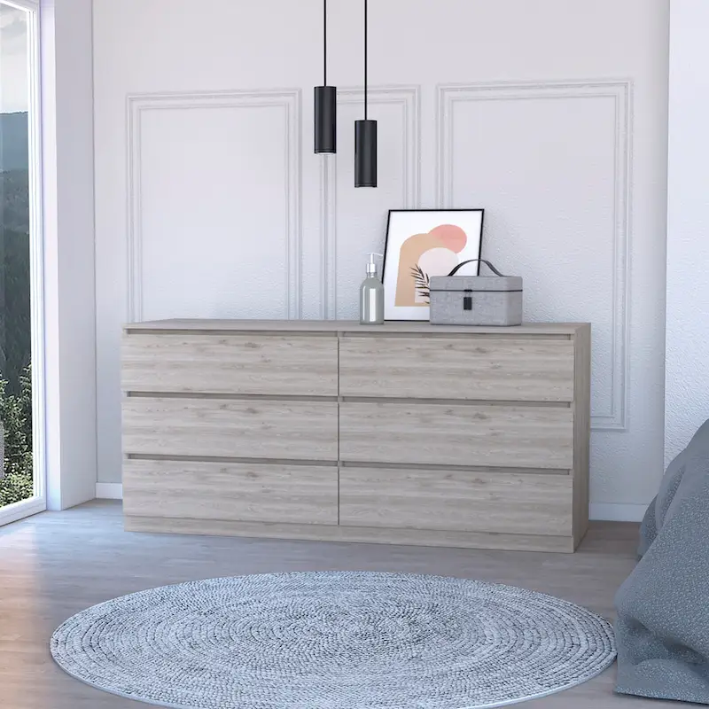 6-Drawer Dresser, Black/White/Light Gray/Light Oak, Metal Rails, Modern