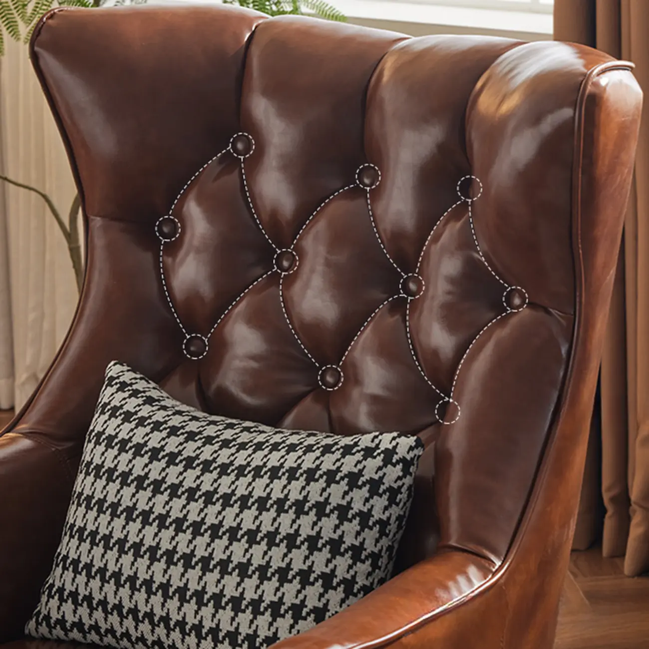 Modern Oiled Leather Tufted Wingback Accent Chair with Arms