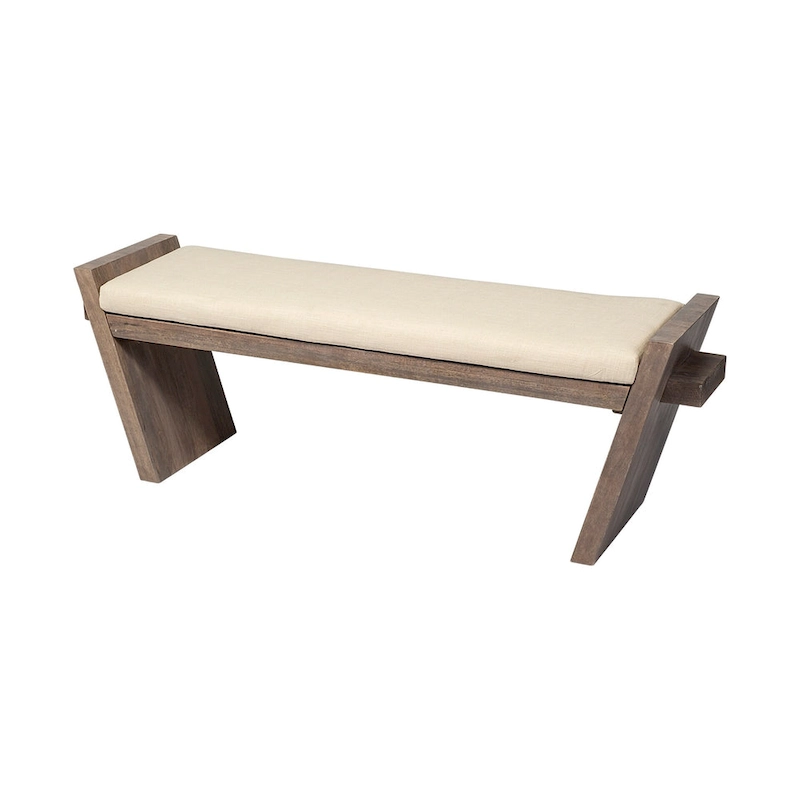 Elaine I Cream Fabric Seat w/ Brown Wood Entryway Bench - 58W x 15D x 20H