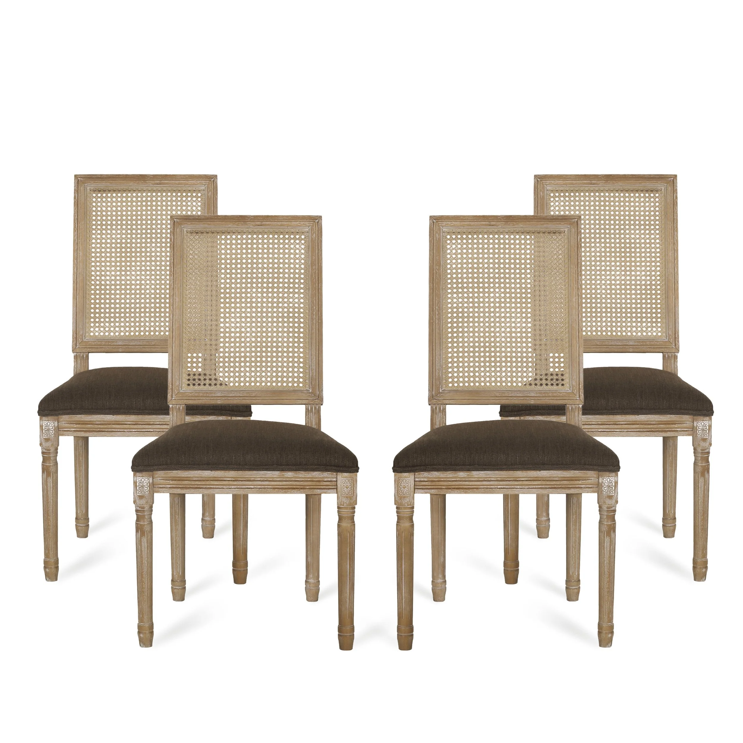 French Country Wood and Cane Upholstered Dining Chair, Set of 4 - NH494513