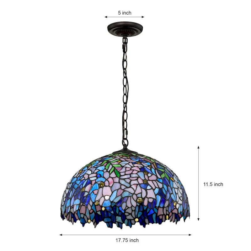 Rikkie 2-Light Wisteria Design Stained Glass Shade Tiffany-Style Pendant Lamp