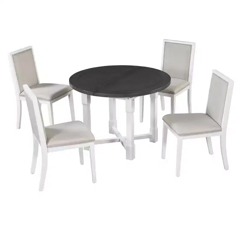 Merax Farmhouse Style Kitchen Table with Removable Leaf & Upholstered Chairs
